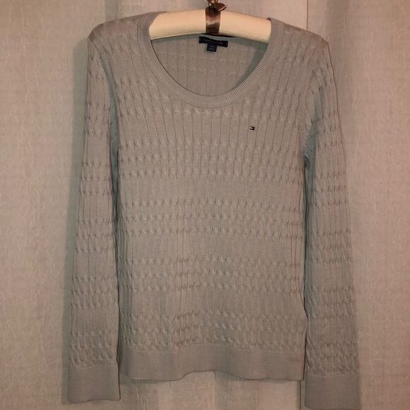 Tommy Hilfiger S Light Gray Silver Cable Knit Light Cotton Crewneck Sweater - Picture 1 of 9